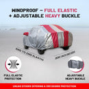 Autofact Enjoy Car Cover - FlexGuard - Waterproof Car Body Cover for Chevrolet Enjoy - With Mirror Pockets, Triple Stitched, Bottom Fully Elastic, Adjustable Belt and Buckle (Silver / Pink Stripes)