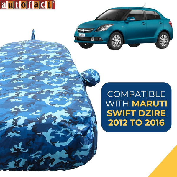 Autofact Swift Dzire 2012 to 2016 Car Cover - TearTough - Dog Proof / Waterproof Car Body Cover for Maruti Swift Dzire 2012 to 2016 - With Mirror & Antenna Pockets, Triple Stitched, Bottom Fully Elastic, Adjustable Belt and Buckle (Airforce Blue 4x4)