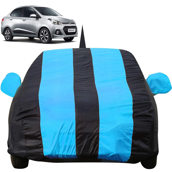 Autofact Xcent Car Cover - EasyShield - Car Body Cover for Hyundai Xcent - With Mirror Pockets, Triple Stitched, Bottom Fully Elastic, Adjustable Belt and Buckle (Teak Blue Stripes)