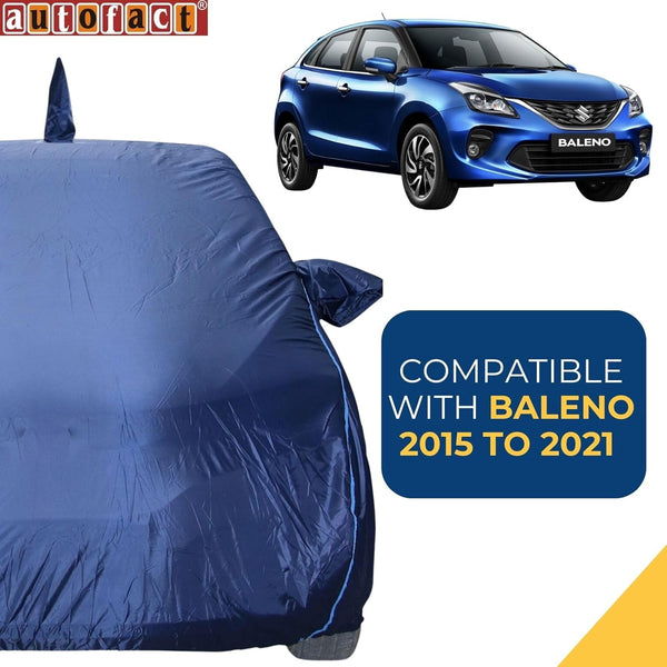 Autofact Baleno Car Cover - CoreProtect - Water Resistant Car Body Cover for Maruti Baleno - With Mirror & Antenna Pockets, Triple Stitched, Bottom Fully Elastic, Adjustable Belt and Buckle (Navy 210D)
