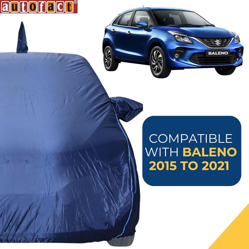 Autofact Baleno Car Cover - CoreProtect - Water Resistant Car Body Cover for Maruti Baleno - With Mirror & Antenna Pockets, Triple Stitched, Bottom Fully Elastic, Adjustable Belt and Buckle (Navy 210D)