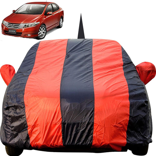Autofact City Ivtech Car Cover - EasyShield - Car Body Cover for Honda City Ivtech - With Mirror Pockets, Triple Stitched, Bottom Fully Elastic, Adjustable Belt and Buckle (Red Blue Stripes)