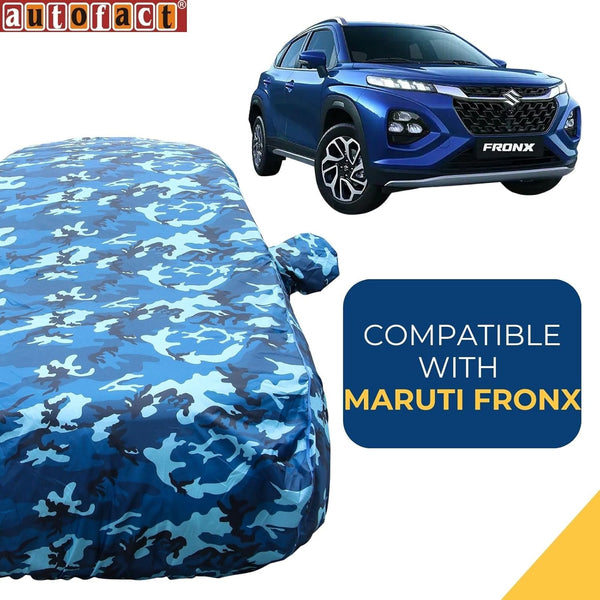 Autofact Fronx Car Cover - TearTough - Dog Proof / Waterproof Car Body Cover for Maruti Fronx - With Mirror Pockets, Triple Stitched, Bottom Fully Elastic, Adjustable Belt and Buckle (Airforce Blue 4x4)