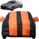 Autofact New Verna Car Cover - EasyShield - Car Body Cover for Hyundai New Verna - With Mirror Pockets, Triple Stitched, Bottom Fully Elastic, Adjustable Belt and Buckle (Orange Blue Stripes)