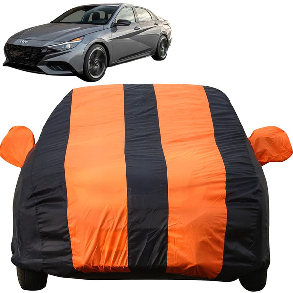 Autofact New Verna Car Cover - EasyShield - Car Body Cover for Hyundai New Verna - With Mirror Pockets, Triple Stitched, Bottom Fully Elastic, Adjustable Belt and Buckle (Orange Blue Stripes)