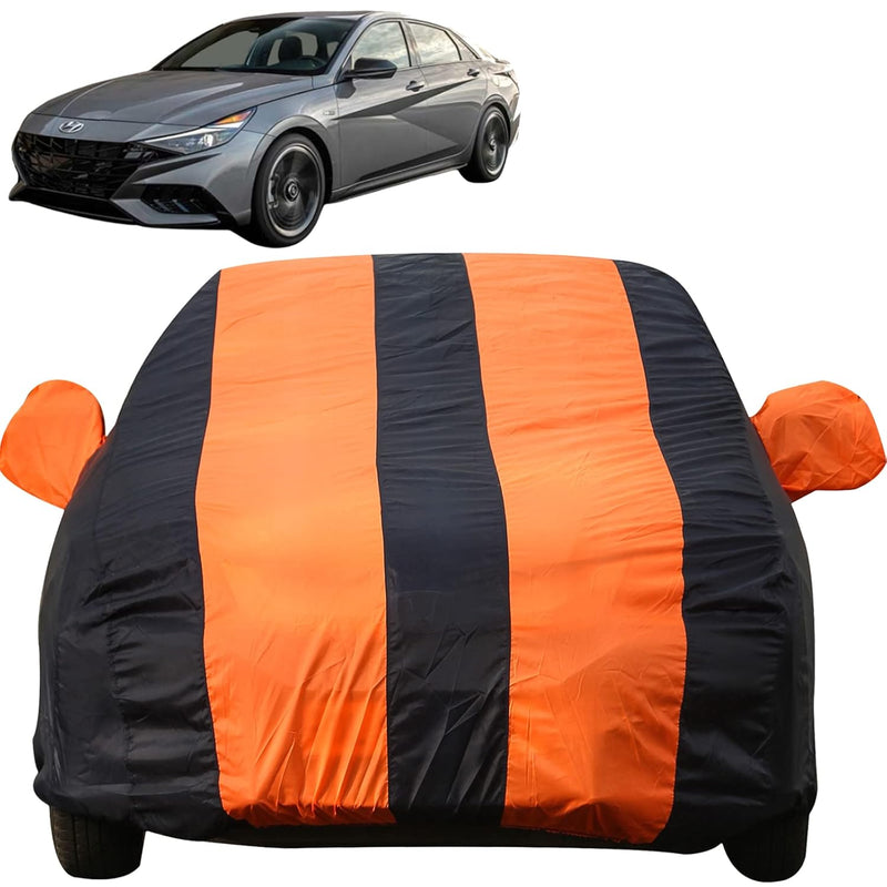 Autofact New Verna Car Cover - EasyShield - Car Body Cover for Hyundai New Verna - With Mirror Pockets, Triple Stitched, Bottom Fully Elastic, Adjustable Belt and Buckle (Orange Blue Stripes)
