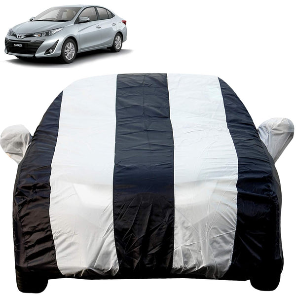 Autofact Yaris Car Cover - EasyShield - Car Body Cover for Toyota Yaris - With Mirror Pockets, Triple Stitched, Bottom Fully Elastic, Adjustable Belt and Buckle (White Blue Stripes)