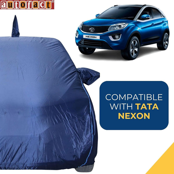 Autofact Nexon Car Cover - CoreProtect - Water Resistant Car Body Cover for Tata Nexon - With Mirror & Antenna Pockets, Triple Stitched, Bottom Fully Elastic, Adjustable Belt and Buckle (Navy 210D)