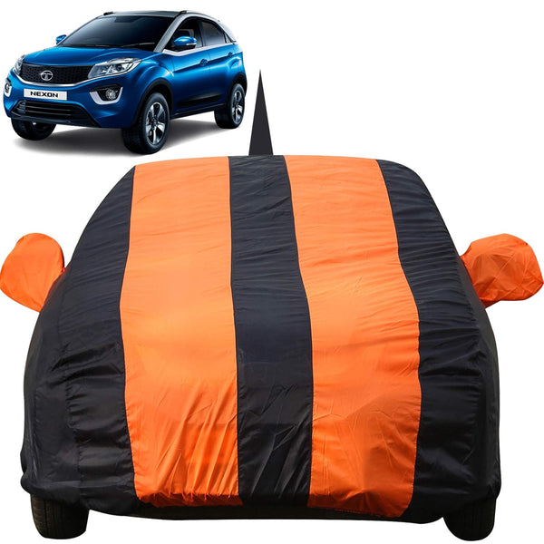 Autofact Nexon Car Cover - EasyShield - Car Body Cover for Tata Nexon - With Mirror Pockets, Triple Stitched, Bottom Fully Elastic, Adjustable Belt and Buckle (Orange Blue Stripes)