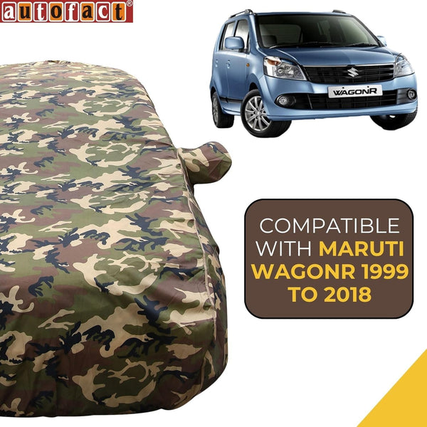 Autofact Wagon r / Wagonr Car Cover - TearTough - Dog Proof / Waterproof Car Body Cover for Maruti Wagon r / Wagonr - With Mirror Pockets, Triple Stitched, Bottom Fully Elastic, Adjustable Belt and Buckle (Jungle Print 4x4)