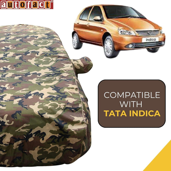 Autofact Indica Car Cover - TearTough - Dog Proof / Waterproof Car Body Cover for Tata Indica - With Mirror Pockets, Triple Stitched, Bottom Fully Elastic, Adjustable Belt and Buckle (Jungle Print 4x4)