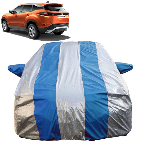 Autofact Harrier Car Cover - FlexGuard - Waterproof Car Body Cover for Tata Harrier - With Mirror Pockets, Triple Stitched, Bottom Fully Elastic, Adjustable Belt and Buckle (Silver / Blue Stripes)