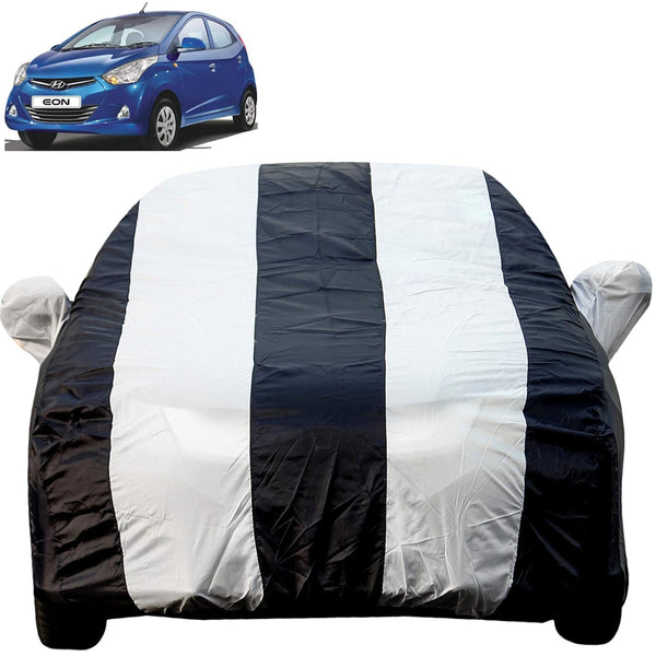 Autofact Eon Car Cover - EasyShield - Car Body Cover for Hyundai Eon - With Mirror Pockets, Triple Stitched, Bottom Fully Elastic, Adjustable Belt and Buckle (White Blue Stripes)