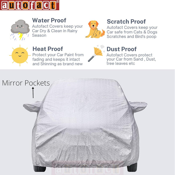 Autofact SX4 Car Cover - FlexGuard - Waterproof Car Body Cover for Maruti SX4 - With Mirror Pockets, Triple Stitched, Bottom Fully Elastic, Adjustable Belt and Buckle (Silver)