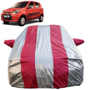 Autofact Alto 800 Car Cover - FlexGuard - Waterproof Car Body Cover for Maruti Alto 800 - With Mirror Pockets, Triple Stitched, Bottom Fully Elastic, Adjustable Belt and Buckle (Silver / Pink Stripes)