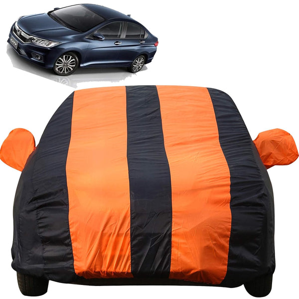Autofact City Idtech Car Cover - EasyShield - Car Body Cover for Honda City Idtech - With Mirror Pockets, Triple Stitched, Bottom Fully Elastic, Adjustable Belt and Buckle (Orange Blue Stripes)