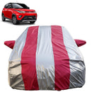 Autofact KUV100 Car Cover - FlexGuard - Waterproof Car Body Cover for Mahindra KUV100 - With Mirror Pockets, Triple Stitched, Bottom Fully Elastic, Adjustable Belt and Buckle (Silver / Pink Stripes)