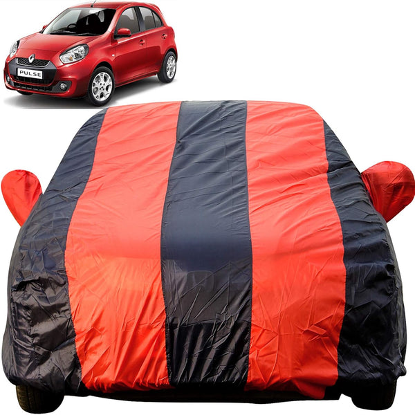 Autofact Pulse Car Cover - EasyShield - Car Body Cover for Renaults Pulse - With Mirror Pockets, Triple Stitched, Bottom Fully Elastic, Adjustable Belt and Buckle (Red Blue Stripes)