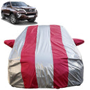 Autofact Fortuner Car Cover - FlexGuard - Waterproof Car Body Cover for Toyota Fortuner - With Mirror Pockets, Triple Stitched, Bottom Fully Elastic, Adjustable Belt and Buckle (Silver / Pink Stripes)