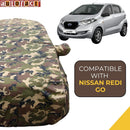 Autofact Redi Go Car Cover - TearTough - Dog Proof / Waterproof Car Body Cover for Nissan Redi Go - With Mirror Pockets, Triple Stitched, Bottom Fully Elastic, Adjustable Belt and Buckle (Jungle Print 4x4)
