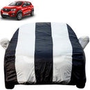 Autofact Kwid Car Cover - EasyShield - Car Body Cover for Renaults Kwid - With Mirror Pockets, Triple Stitched, Bottom Fully Elastic, Adjustable Belt and Buckle (White Blue Stripes)