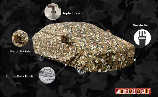 Autofact Elantra Car Cover - FlexGuard - Waterproof Car Body Cover for Hyundai Elantra - With Mirror Pockets, Triple Stitched, Bottom Fully Elastic, Adjustable Belt and Buckle (Camouflage)