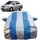Autofact SX4 Car Cover - FlexGuard - Waterproof Car Body Cover for Maruti SX4 - With Mirror Pockets, Triple Stitched, Bottom Fully Elastic, Adjustable Belt and Buckle (Silver / Blue Stripes)