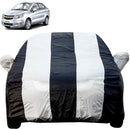 Autofact Sail Car Cover - EasyShield - Car Body Cover for Chevrolet Sail - With Mirror Pockets, Triple Stitched, Bottom Fully Elastic, Adjustable Belt and Buckle (White Blue Stripes)