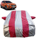 Autofact Astor Car Cover - FlexGuard - Waterproof Car Body Cover for MG Astor - With Mirror Pockets, Triple Stitched, Bottom Fully Elastic, Adjustable Belt and Buckle (Silver / Pink Stripes)