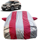 Autofact Kicks Car Cover - FlexGuard - Waterproof Car Body Cover for Nissan Kicks - With Mirror Pockets, Triple Stitched, Bottom Fully Elastic, Adjustable Belt and Buckle (Silver / Pink Stripes)
