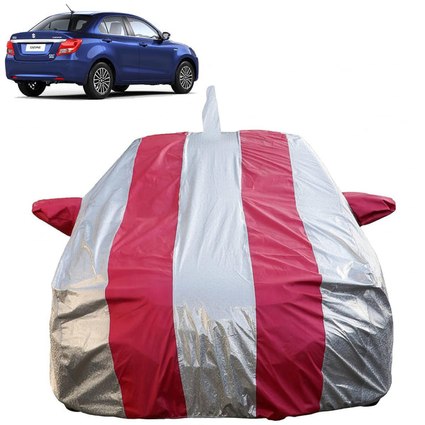 Autofact Swift Dzire New Model Car Cover - FlexGuard - Waterproof Car Body Cover for Maruti Swift Dzire New Model - With Mirror & Antenna Pockets, Triple Stitched, Bottom Fully Elastic, Adjustable Belt and Buckle (Silver / Pink Stripes)