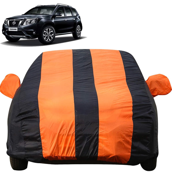 Autofact Terrano Car Cover - EasyShield - Car Body Cover for Nissan Terrano - With Mirror Pockets, Triple Stitched, Bottom Fully Elastic, Adjustable Belt and Buckle (Orange Blue Stripes)