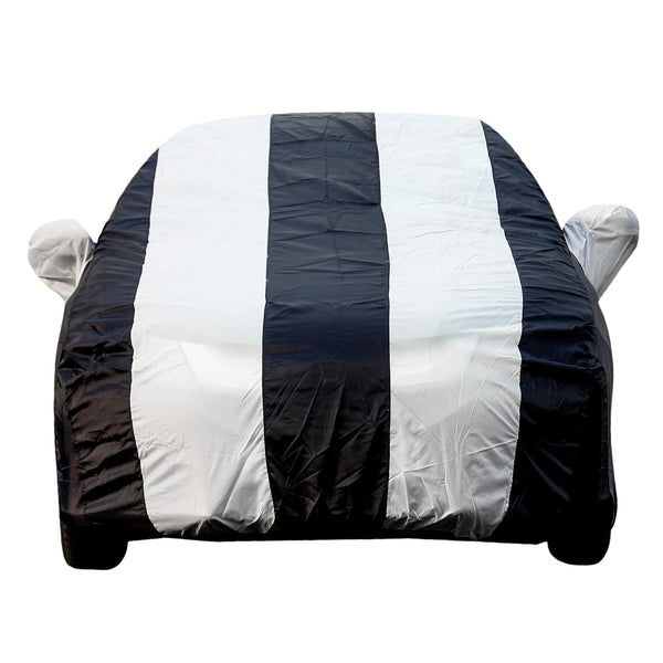 Autofact A4 Car Cover - EasyShield - Car Body Cover for Audi A4 - With Mirror Pockets, Triple Stitched, Bottom Fully Elastic, Adjustable Belt and Buckle (White Blue Stripes)