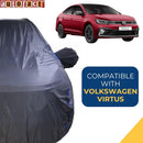Autofact Virtus Car Cover - CoreProtect - Water Resistant Car Body Cover for Volkswagen Virtus - With Mirror Pockets, Triple Stitched, Bottom Fully Elastic, Adjustable Belt and Buckle (Grey 210D)