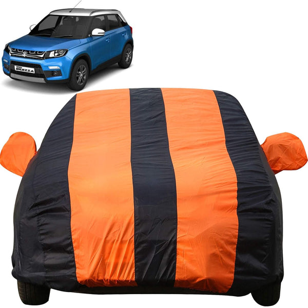 Autofact Brezza Car Cover - EasyShield - Car Body Cover for Maruti Brezza - With Mirror Pockets, Triple Stitched, Bottom Fully Elastic, Adjustable Belt and Buckle (Orange Blue Stripes)