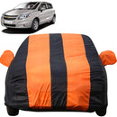 Autofact Sail UVA Car Cover - EasyShield - Car Body Cover for Chevrolet Sail UVA - With Mirror Pockets, Triple Stitched, Bottom Fully Elastic, Adjustable Belt and Buckle (Orange Blue Stripes)