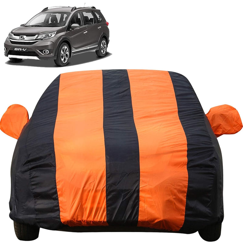 Autofact BRV Car Cover - EasyShield - Car Body Cover for Honda BRV - With Mirror Pockets, Triple Stitched, Bottom Fully Elastic, Adjustable Belt and Buckle (Orange Blue Stripes)