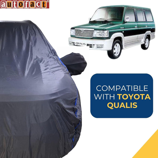Autofact Qualis Car Cover - CoreProtect - Water Resistant Car Body Cover for Toyota Qualis - With Mirror Pockets, Triple Stitched, Bottom Fully Elastic, Adjustable Belt and Buckle (Grey 210D)