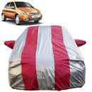 Autofact Indica Car Cover - FlexGuard - Waterproof Car Body Cover for Tata Indica - With Mirror Pockets, Triple Stitched, Bottom Fully Elastic, Adjustable Belt and Buckle (Silver / Pink Stripes)
