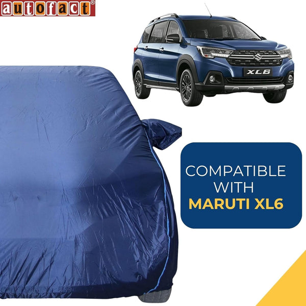 Autofact XL6 Car Cover - CoreProtect - Water Resistant Car Body Cover for Maruti XL6 - With Mirror Pockets, Triple Stitched, Bottom Fully Elastic, Adjustable Belt and Buckle (Navy 210D)