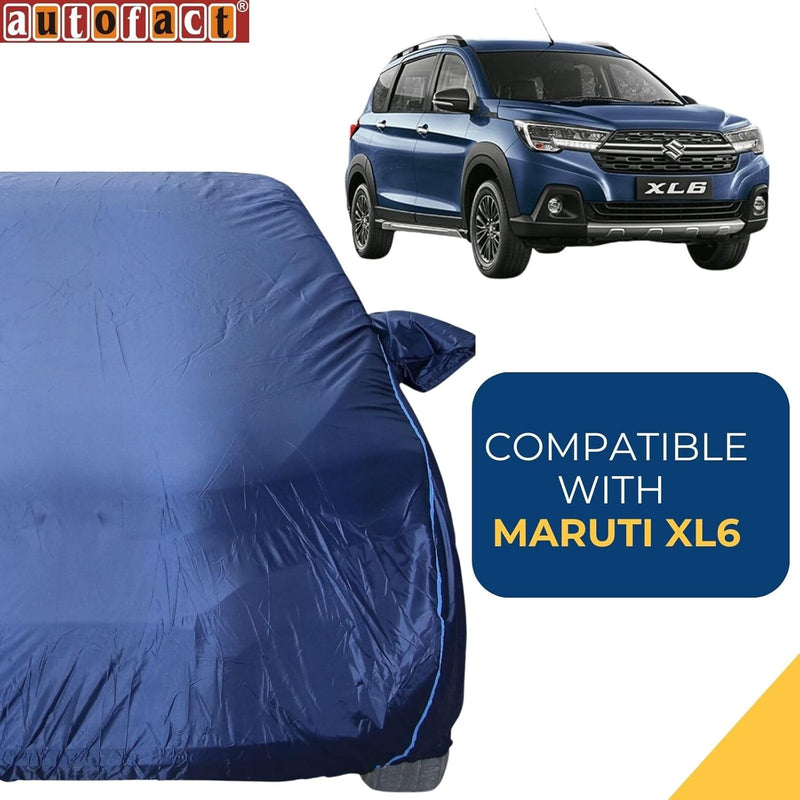 Autofact XL6 Car Cover - CoreProtect - Water Resistant Car Body Cover for Maruti XL6 - With Mirror Pockets, Triple Stitched, Bottom Fully Elastic, Adjustable Belt and Buckle (Navy 210D)