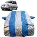 Autofact Santro Xing Car Cover - FlexGuard - Waterproof Car Body Cover for Hyundai Santro Xing - With Mirror Pockets, Triple Stitched, Bottom Fully Elastic, Adjustable Belt and Buckle (Silver / Blue Stripes)
