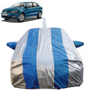 Autofact Ameo Car Cover - FlexGuard - Waterproof Car Body Cover for Volkswagen Ameo - With Mirror & Antenna Pockets, Triple Stitched, Bottom Fully Elastic, Adjustable Belt and Buckle (Silver / Blue Stripes)