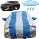 Autofact Santa Fe Car Cover - FlexGuard - Waterproof Car Body Cover for Hyundai Santa Fe - With Mirror Pockets, Triple Stitched, Bottom Fully Elastic, Adjustable Belt and Buckle (Silver / Blue Stripes)