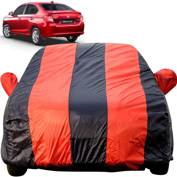 Autofact Amaze New Model Car Cover - EasyShield - Car Body Cover for Honda Amaze New Model - With Mirror Pockets, Triple Stitched, Bottom Fully Elastic, Adjustable Belt and Buckle (Red Blue Stripes)