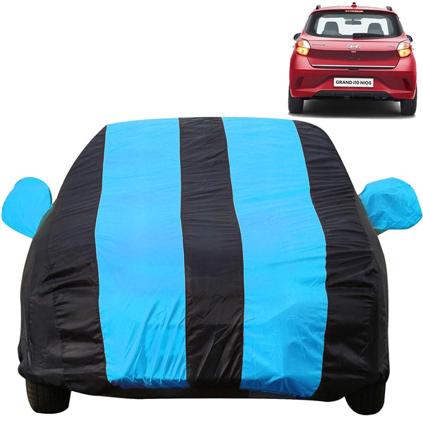 Autofact Grand I10 Nios Car Cover - EasyShield - Car Body Cover for Hyundai Grand I10 Nios - With Mirror Pockets, Triple Stitched, Bottom Fully Elastic, Adjustable Belt and Buckle (Teak Blue Stripes)