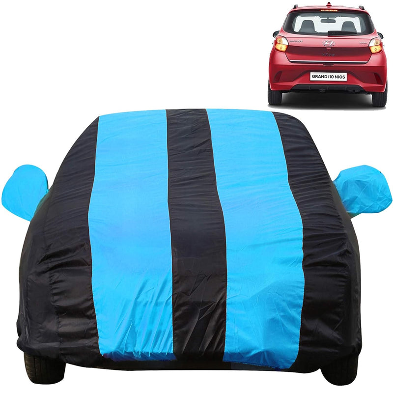 Autofact Grand I10 Nios Car Cover - EasyShield - Car Body Cover for Hyundai Grand I10 Nios - With Mirror Pockets, Triple Stitched, Bottom Fully Elastic, Adjustable Belt and Buckle (Teak Blue Stripes)