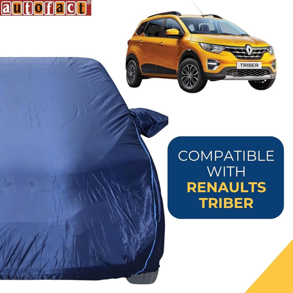 Autofact Triber Car Cover - CoreProtect - Water Resistant Car Body Cover for Renaults Triber - With Mirror Pockets, Triple Stitched, Bottom Fully Elastic, Adjustable Belt and Buckle (Navy 210D)