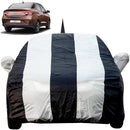 Autofact Aura Car Cover - EasyShield - Car Body Cover for Hyundai Aura - With Mirror Pockets, Triple Stitched, Bottom Fully Elastic, Adjustable Belt and Buckle (White Blue Stripes)