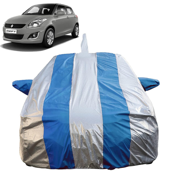 Autofact Swift Old Model Car Cover - FlexGuard - Waterproof Car Body Cover for Maruti Swift Old Model - With Mirror & Antenna Pockets, Triple Stitched, Bottom Fully Elastic, Adjustable Belt and Buckle (Silver / Blue Stripes)